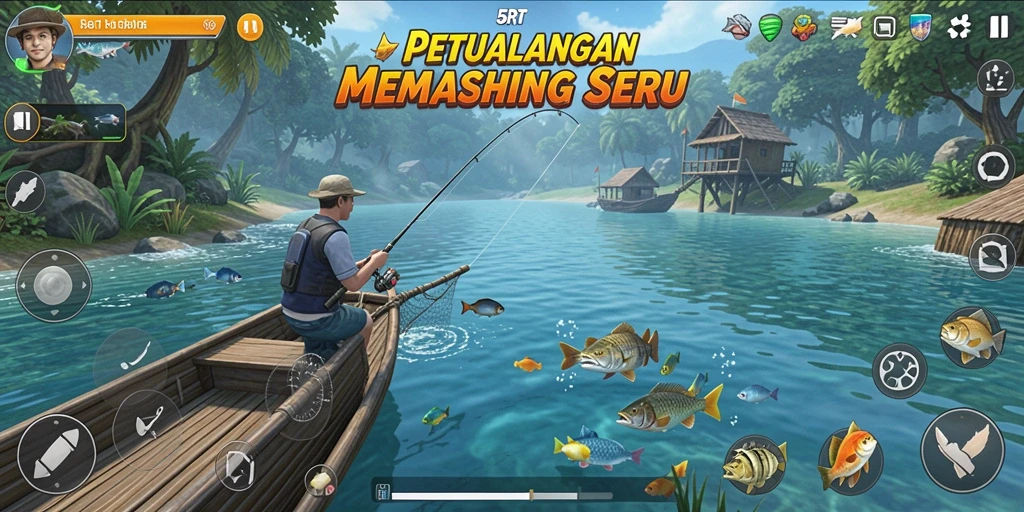 Screenshot gameplay 5RT menampilkan keseruan memancing di laut yang luas.
