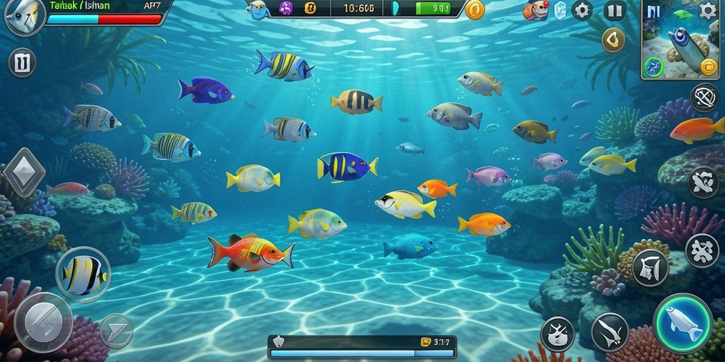 Screenshot menampilkan aksi menembak ikan yang seru di bawah laut.