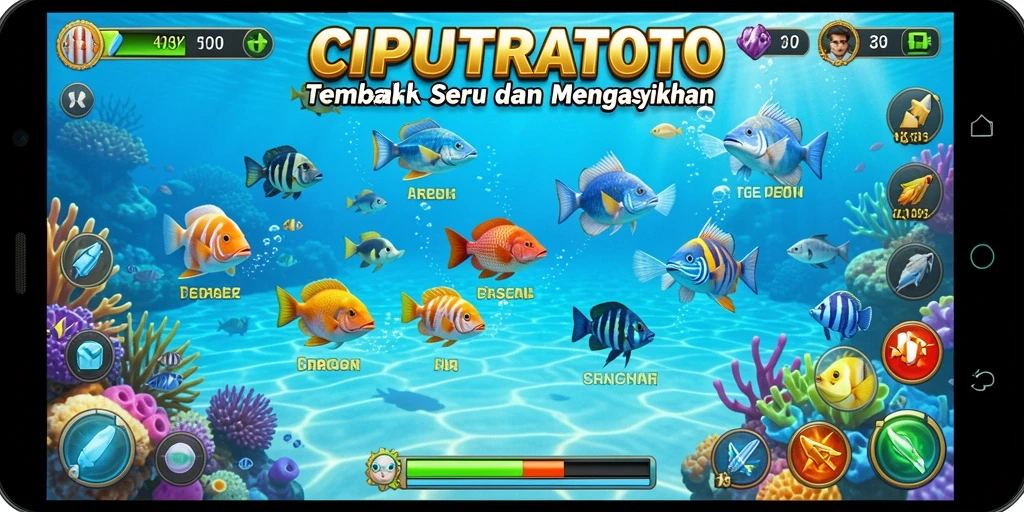 Screenshot gameplay CIPUTRATOTO menunjukkan aksinya yang seru dalam menembak ikan.