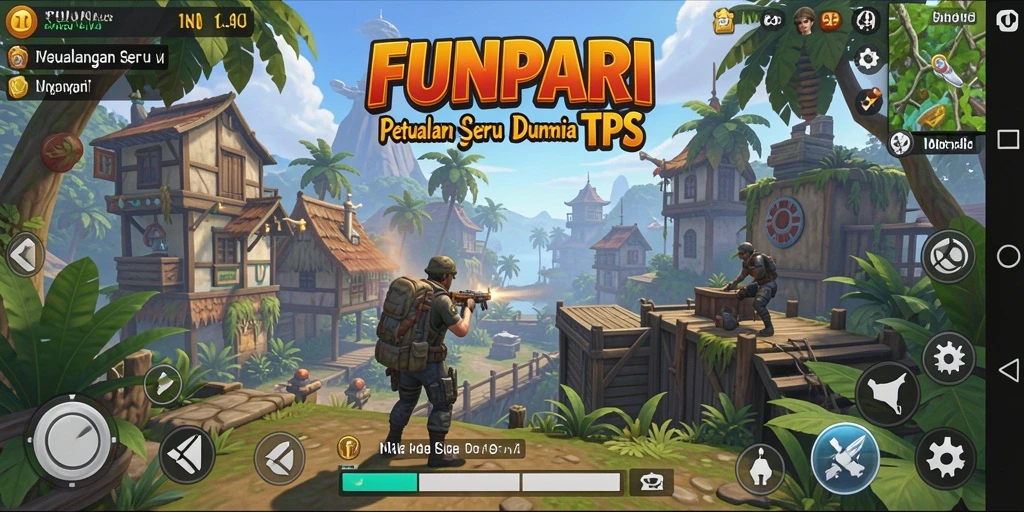 Tampilan screenshot utama FUNPARI menunjukkan karakter dalam aksi seru di medan perang.