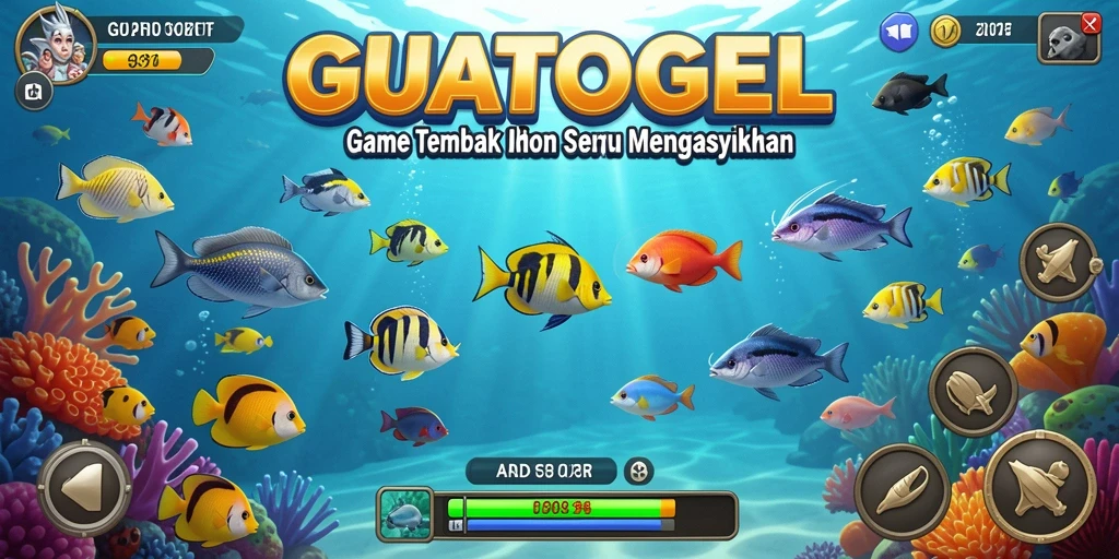 Screenshot utama GUATOGEL menampilkan aksi menembak ikan yang seru.