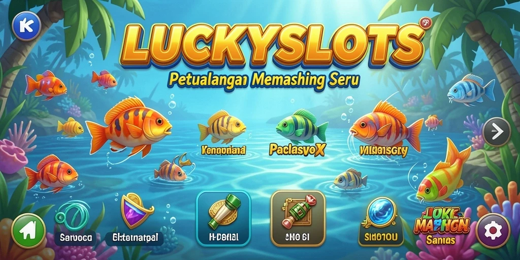 Screenshot LUCKYSLOTS menampilkan momen seru saat memancing ikan.