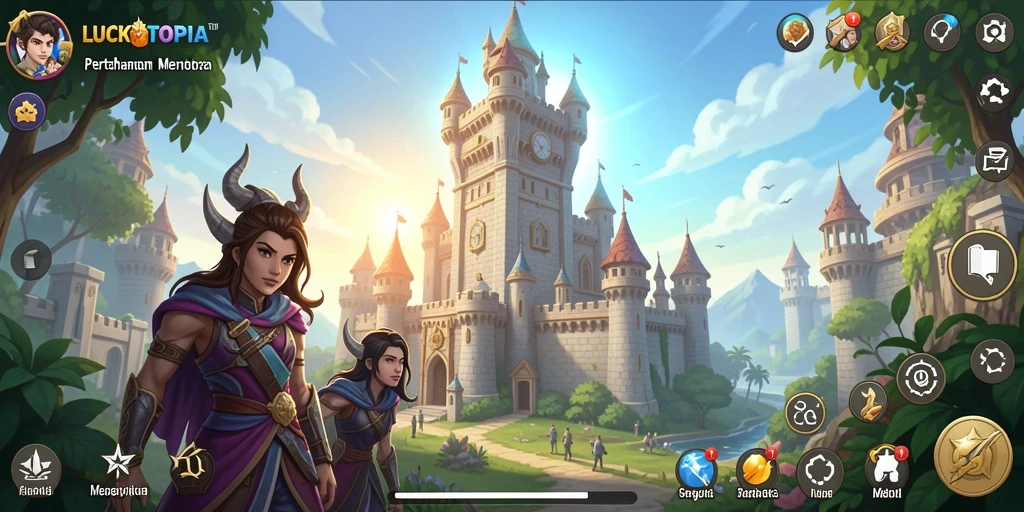 Tampilan gameplay menara dan strategi pertahanan dalam LUCKYTOPIA.