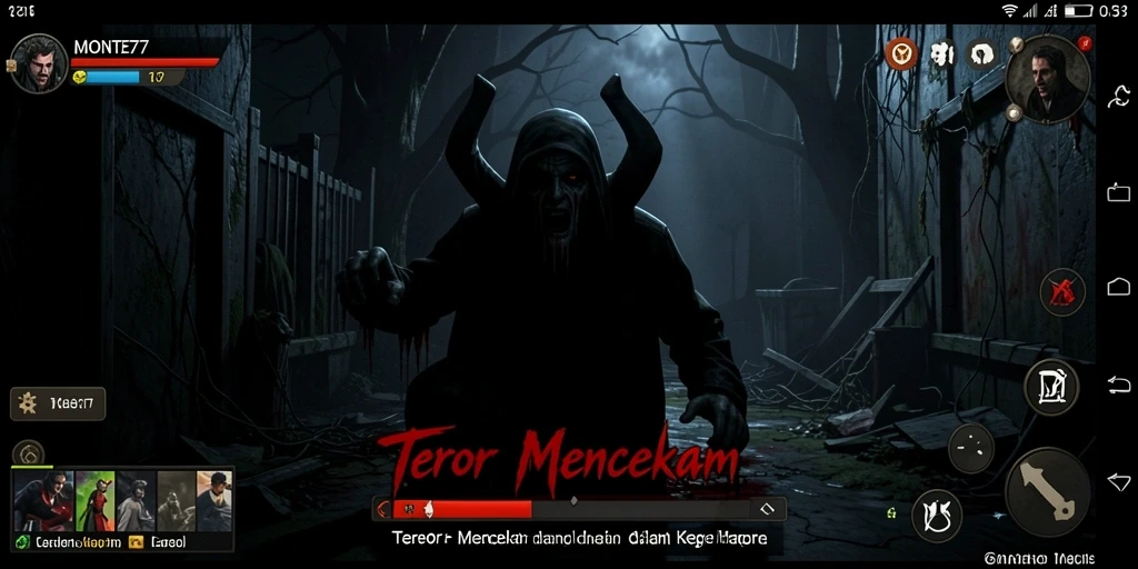 Screenshot gameplay MONTE77 menampilkan adegan menyeramkan dan atmosfer penuh ketegangan.